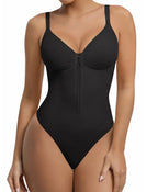 Sleek V-Neck Zip-Up Thong Bodysuit with Delicate Shoulder Straps