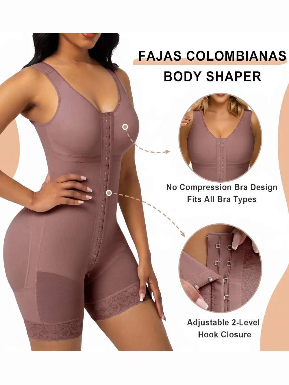 Dusty Rose Mid-Thigh Bodysuit with Front Hook Closure and Sheer Lace Detailing