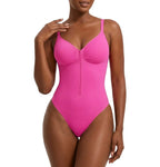 Sleek V-Neck Zip-Up Thong Bodysuit with Delicate Shoulder Straps