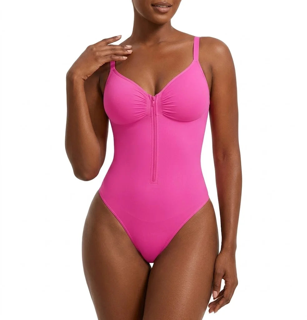 Sleek V-Neck Zip-Up Thong Bodysuit with Delicate Shoulder Straps
