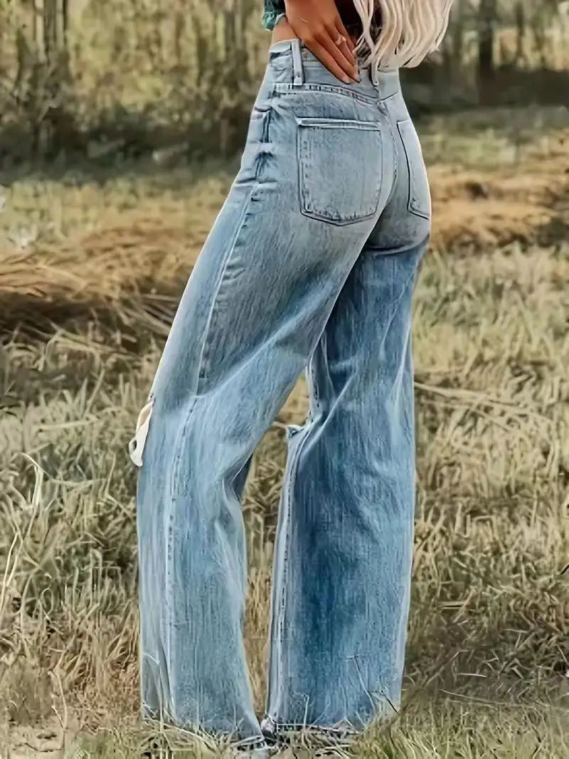 Distressed Wide Leg Denim Jeans with High Rise Relaxed Fit Vintage Streetwear Style