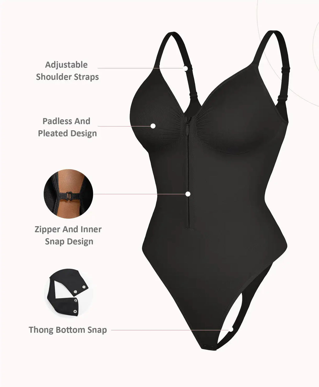 Sleek V-Neck Zip-Up Thong Bodysuit with Delicate Shoulder Straps