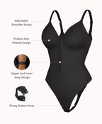 Sleek V-Neck Zip-Up Thong Bodysuit with Delicate Shoulder Straps