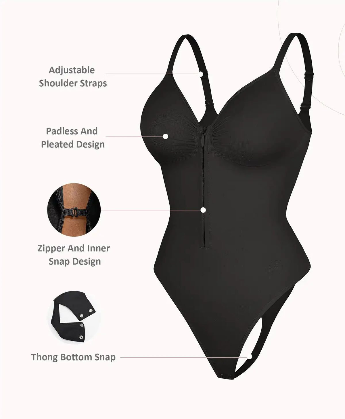 Sleek V-Neck Zip-Up Thong Bodysuit with Delicate Shoulder Straps