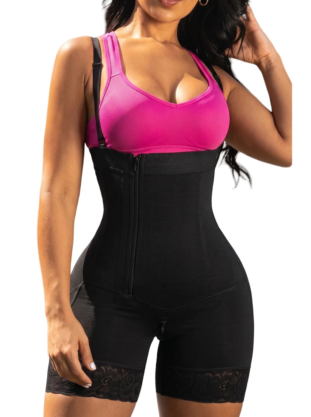 High-Waisted Shaping Short with Offset Side Zipper and Lace Hem