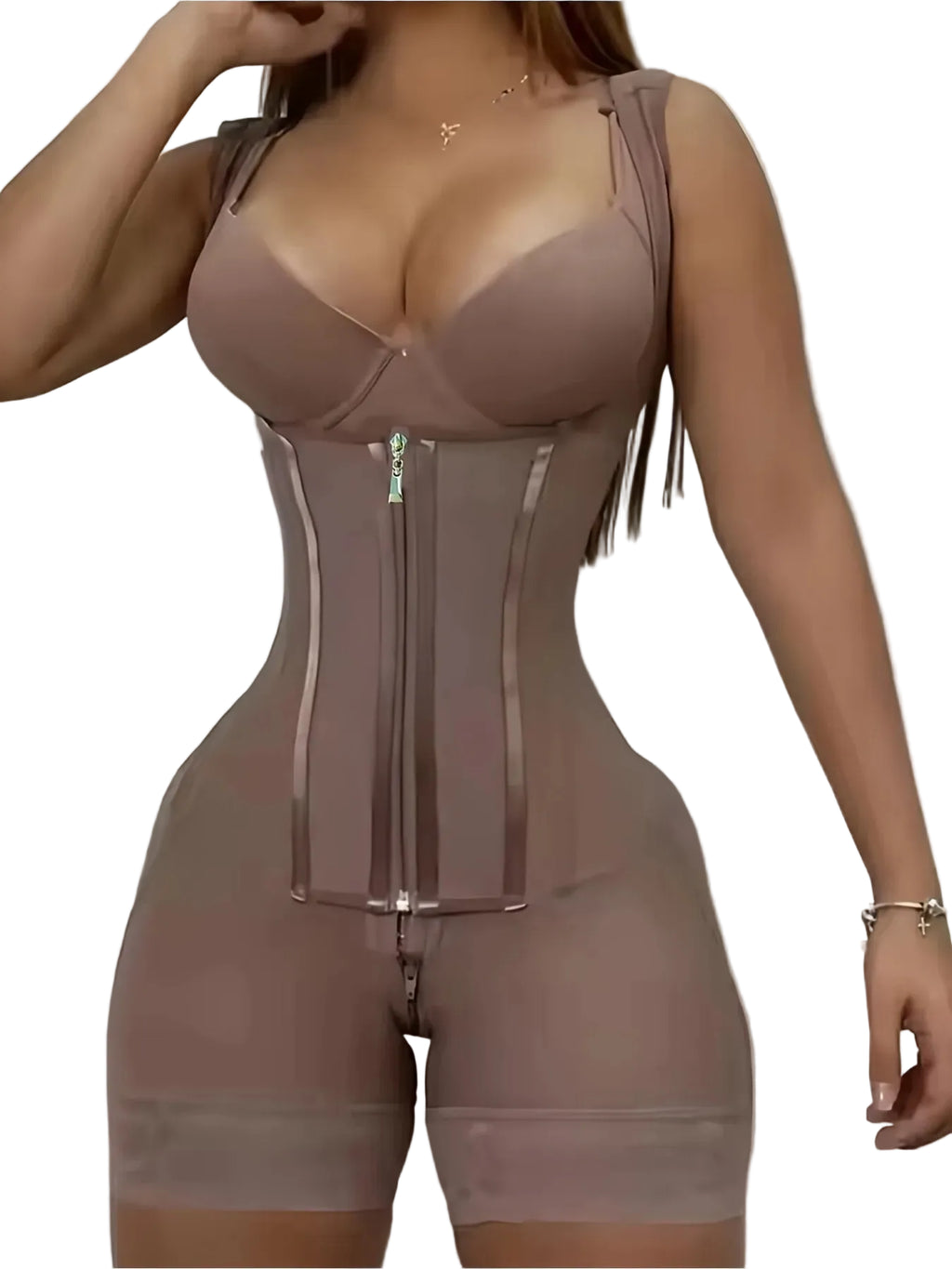 High-Waisted Non-Padded Shaping Bodysuit with Center Zipper and Elegant Lace Trims
