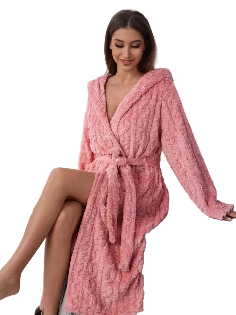 Pink Hooded Plush Robe with Tie Waist, Long Sleeves and Soft-Looking Coral Fleece Finish for Relaxed Homewear