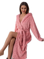 Pink Hooded Plush Robe with Tie Waist, Long Sleeves and Soft-Looking Coral Fleece Finish for Relaxed Homewear