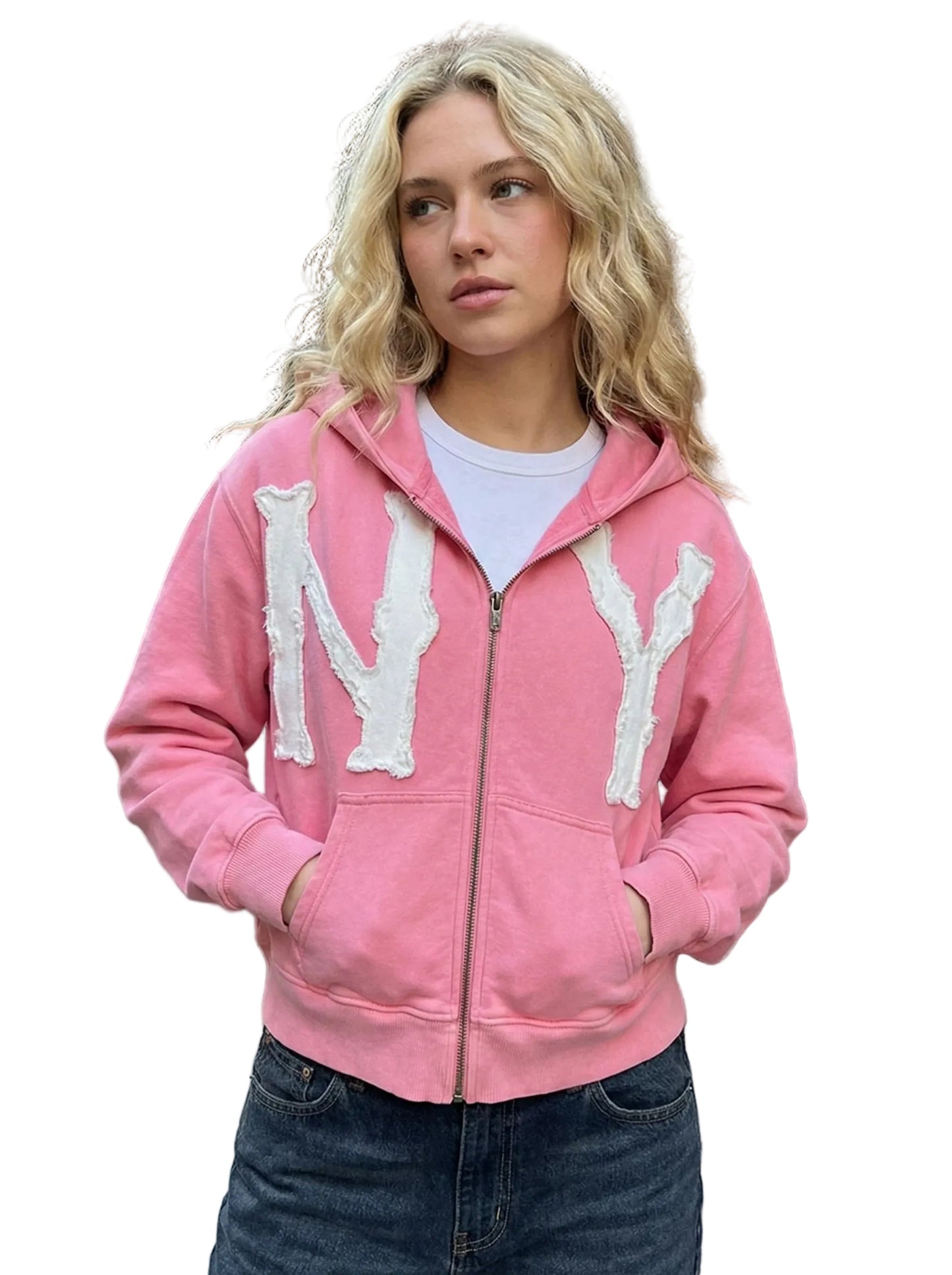 Women's Relaxed Zip-Up Hoodie with Decorative Graphic Streetwear Everyday Layering Style
