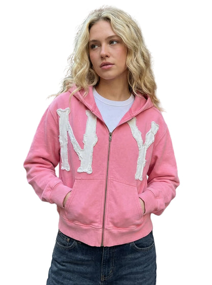 Women's Relaxed Zip-Up Hoodie with Decorative Graphic Streetwear Everyday Layering Style