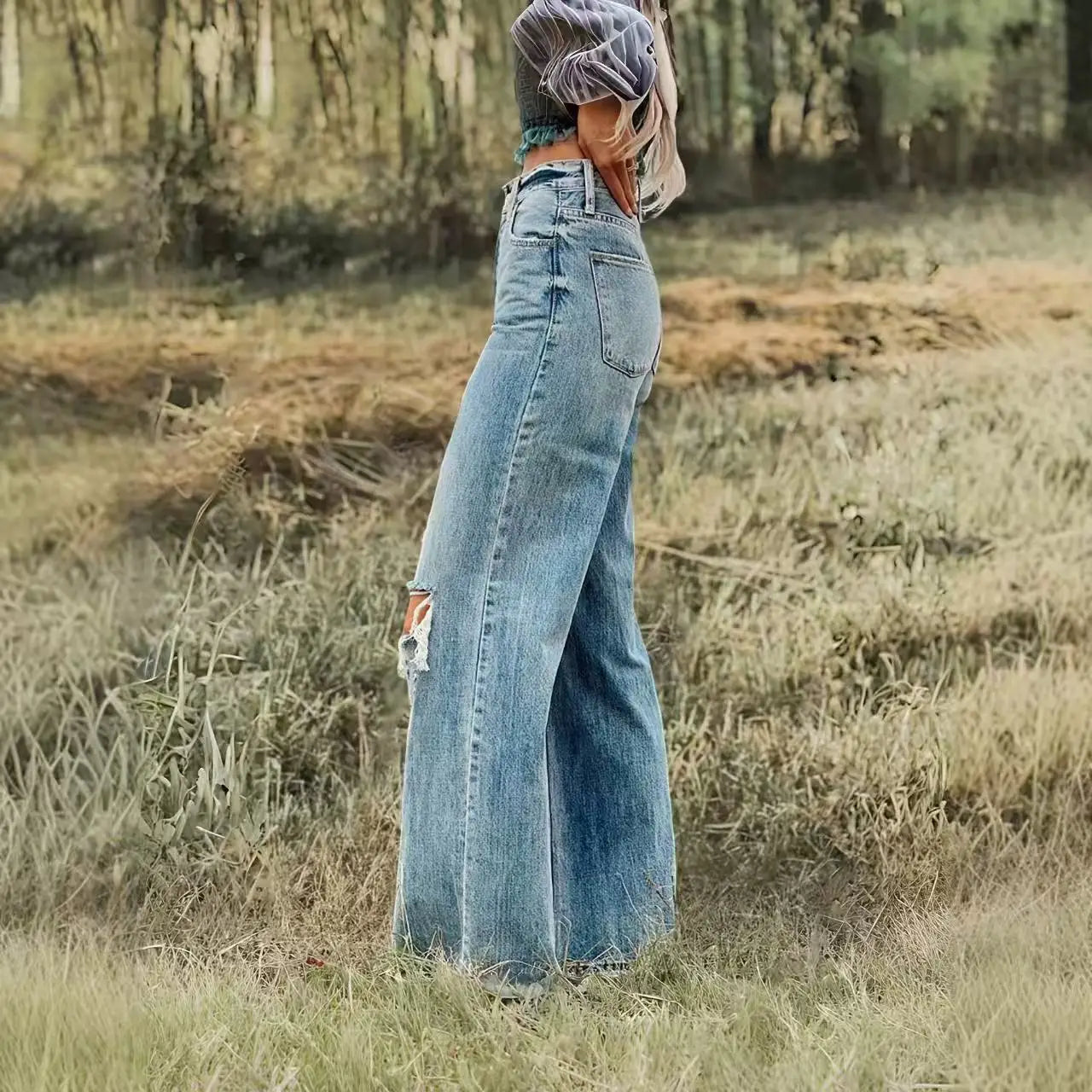 Distressed Wide Leg Denim Jeans with High Rise Relaxed Fit Vintage Streetwear Style