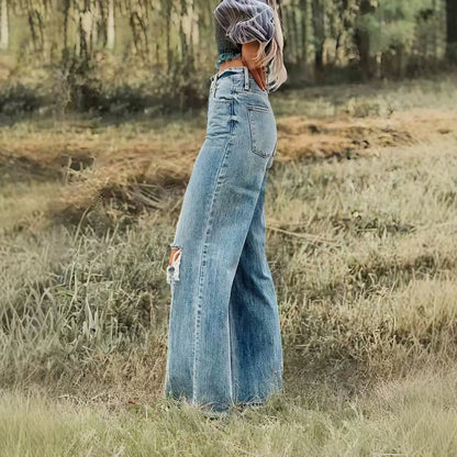 Distressed Wide Leg Denim Jeans with High Rise Relaxed Fit Vintage Streetwear Style