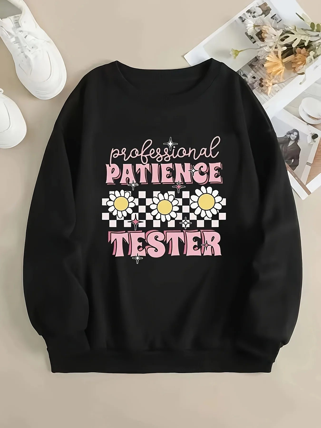 Women's Typography Graphic Crew Neck Sweatshirt for Relaxed Everyday Casual Streetwear Fashion
