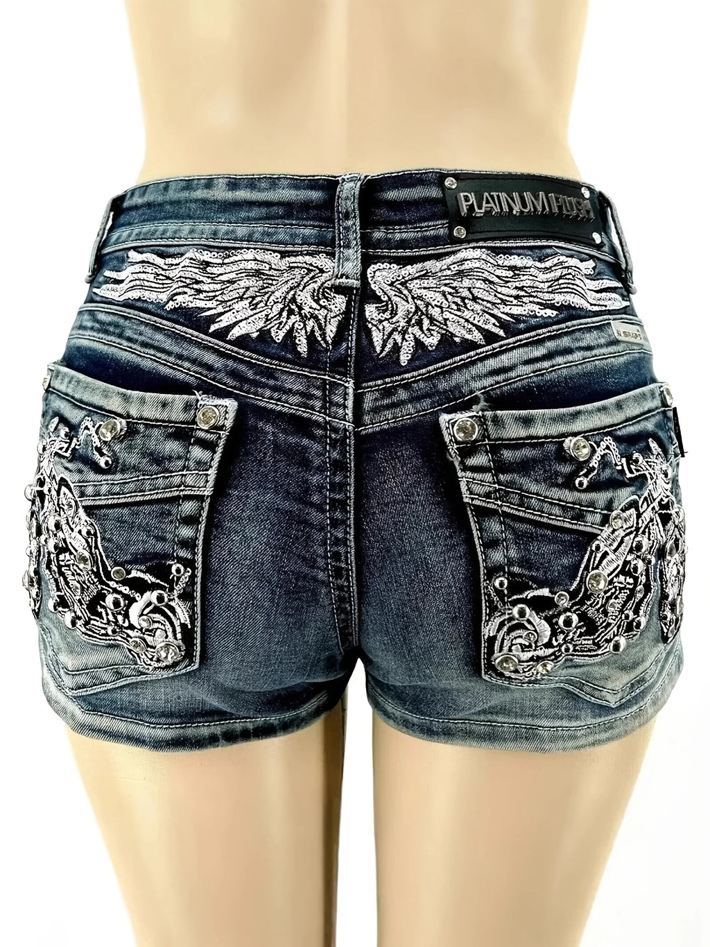 Women's Distressed Denim Shorts with Embroidered Pocket Details and Studded Casual Streetwear Style