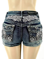 Women's Distressed Denim Shorts with Embroidered Pocket Details and Studded Casual Streetwear Style