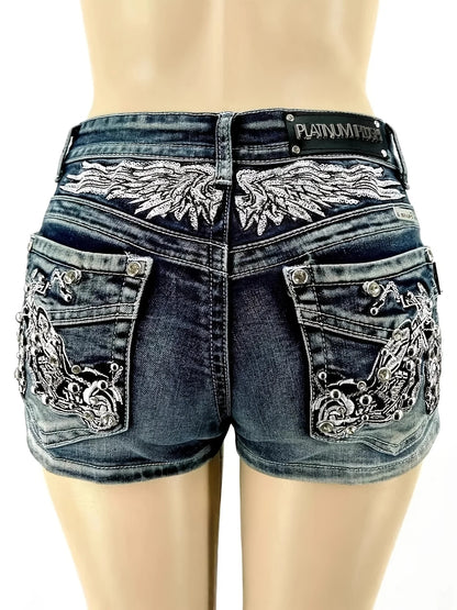 Women's Distressed Denim Shorts with Embroidered Pocket Details and Studded Casual Streetwear Style