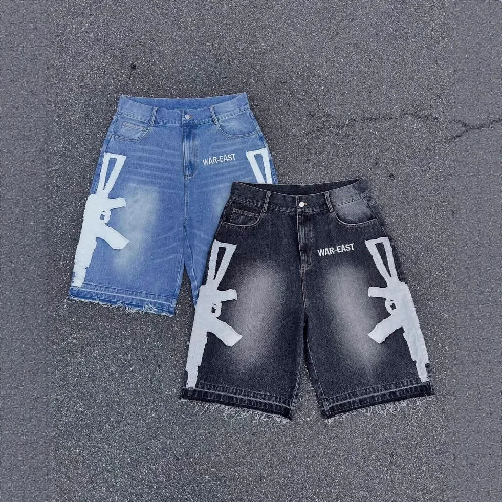 Men's Relaxed Knee Length Distressed Denim Shorts with Graphic Print and Casual Streetwear Fit