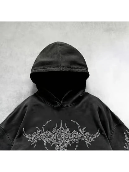 Distressed Anime Goth Pullover Hoodie with Shadow Graphic Streetwear Style