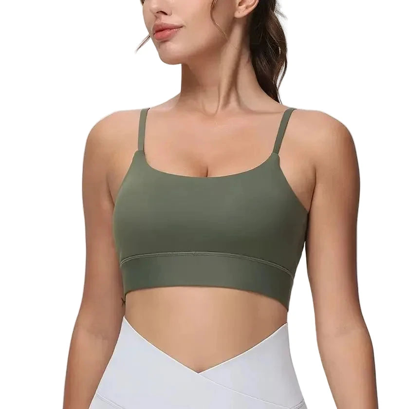 Olive Green Longline Scoop Neck Sports Bra with Adjustable Straps