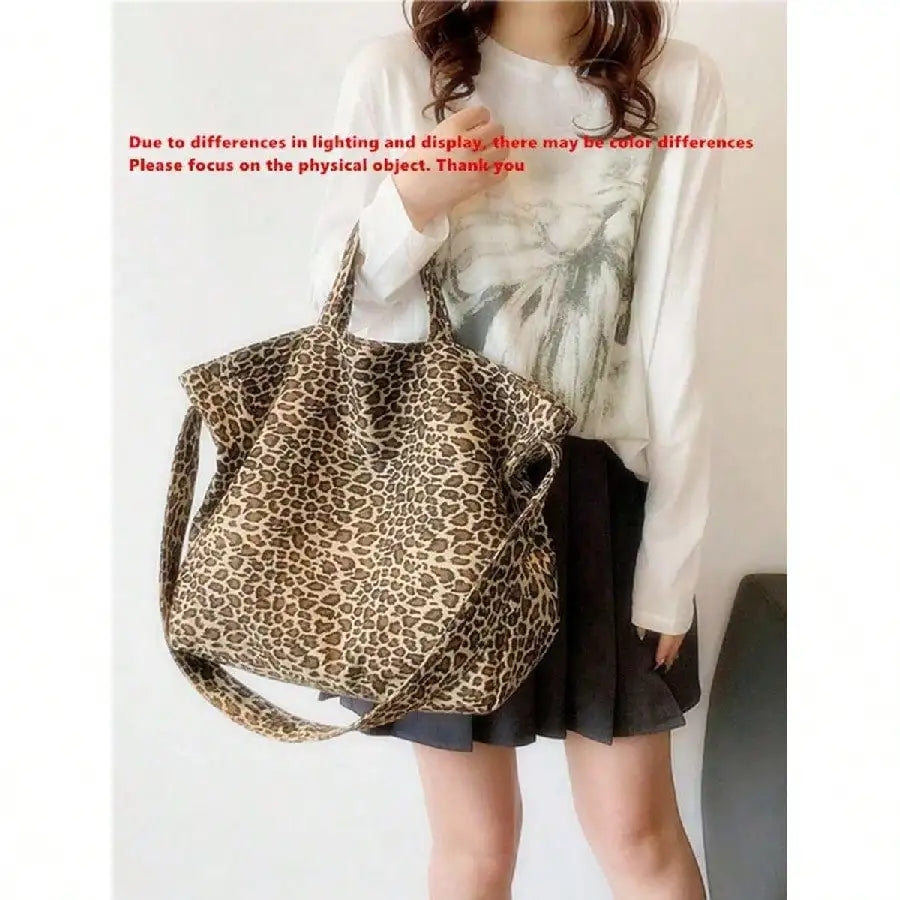 Leopard Print Canvas Tote Shoulder Bag with Minimal Commuter Styling