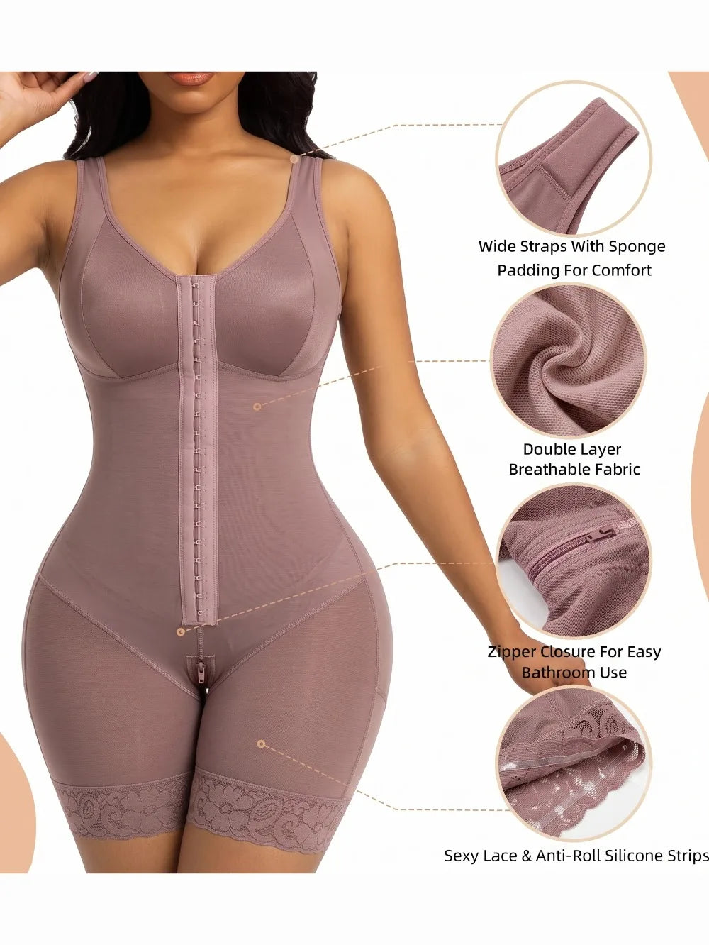 Dusty Rose Mid-Thigh Bodysuit with Front Hook Closure and Sheer Lace Detailing