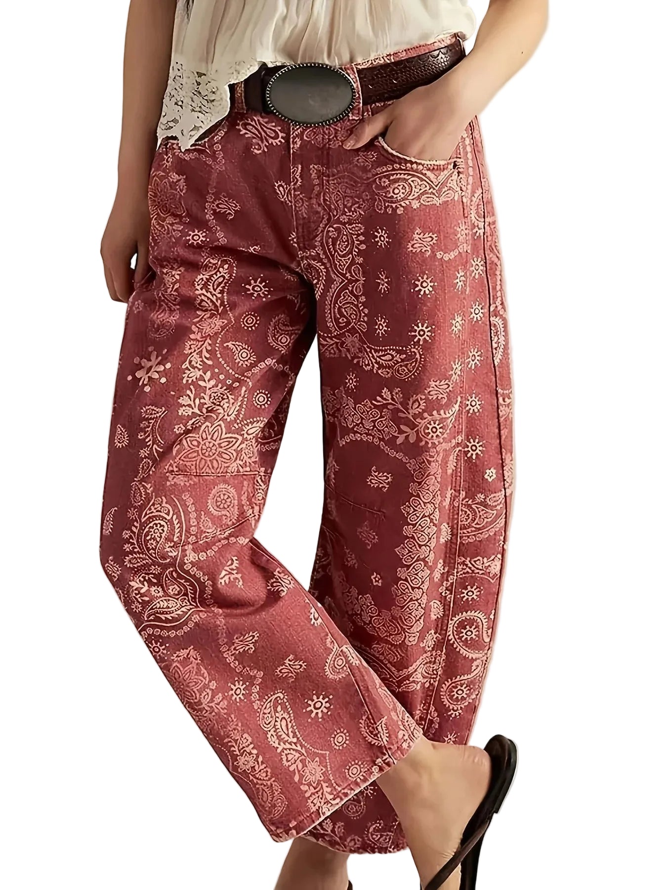 Women's Mid Rise Wide Leg Printed Trousers with Relaxed Casual Festival Inspired Style