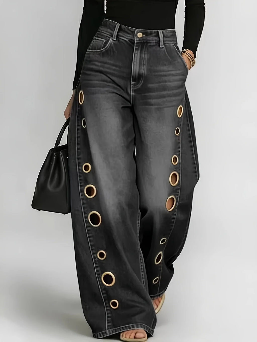 High Waist Wide Leg Denim Jeans with Metal Eyelet Detail Relaxed Streetwear Fit