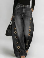 High Waist Wide Leg Denim Jeans with Metal Eyelet Detail Relaxed Streetwear Fit