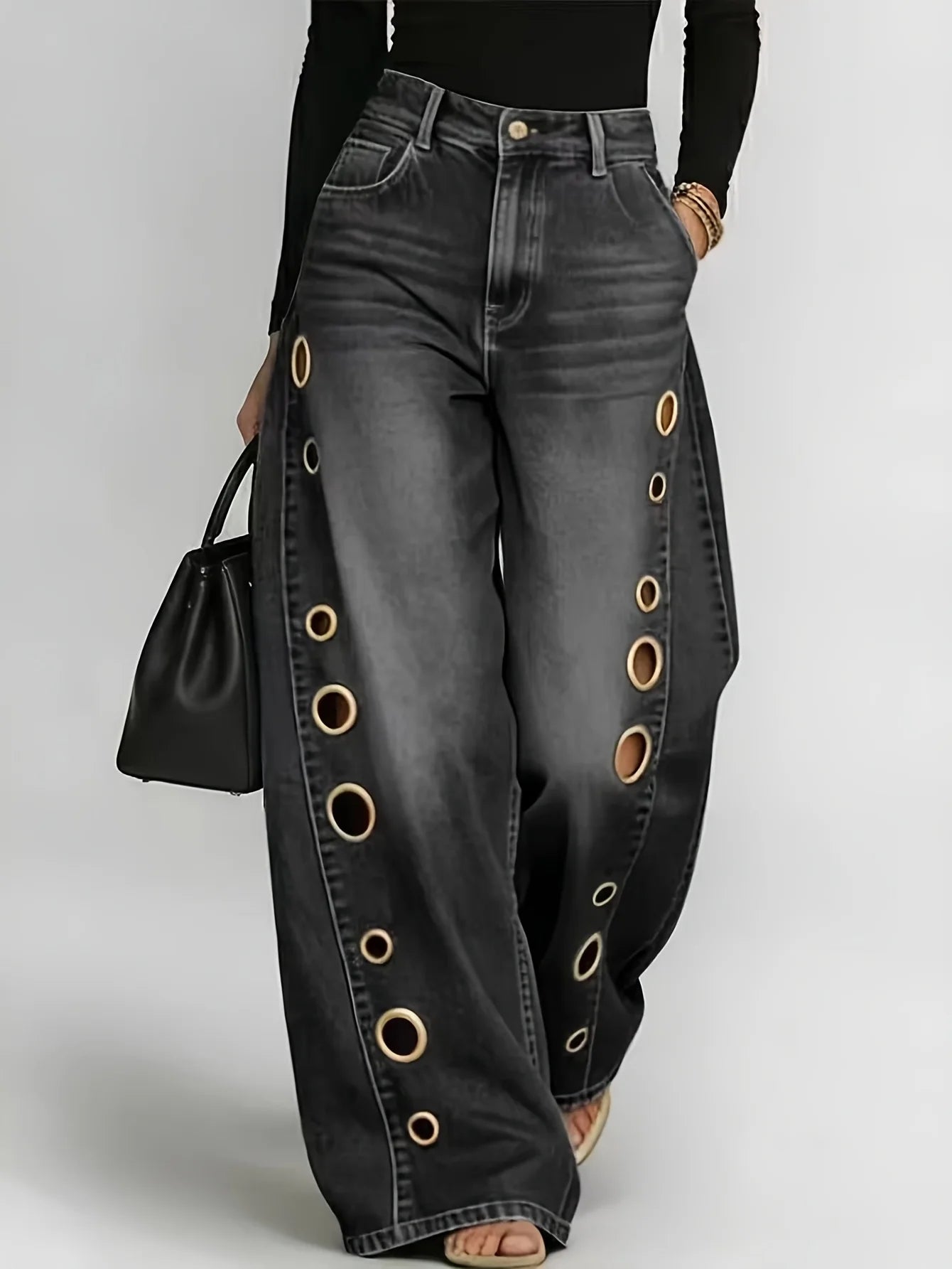 High Waist Wide Leg Denim Jeans with Metal Eyelet Detail Relaxed Streetwear Fit