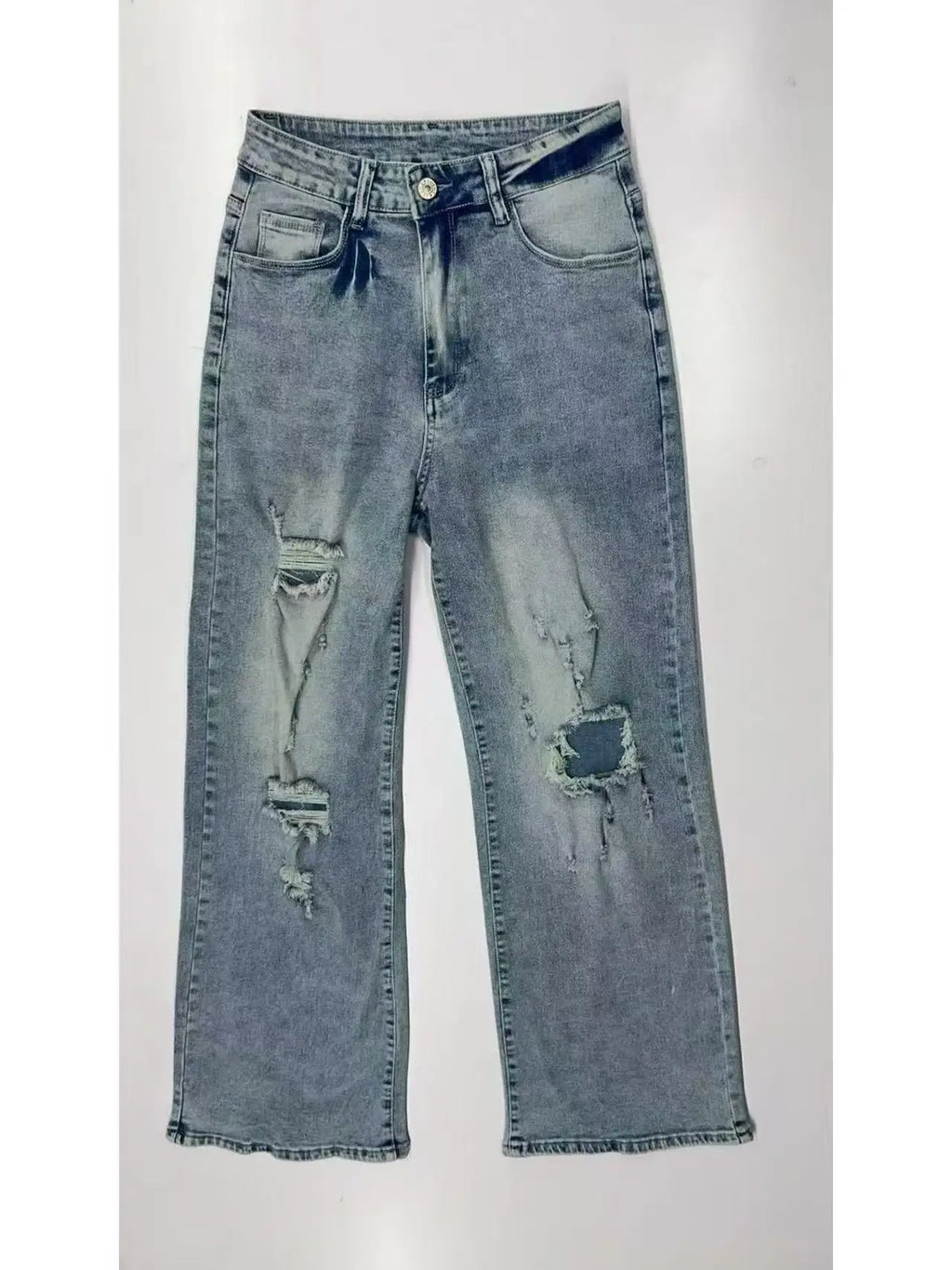 Distressed Wide Leg Denim Jeans with High Rise Relaxed Fit Vintage Streetwear Style