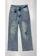 Distressed Wide Leg Denim Jeans with High Rise Relaxed Fit Vintage Streetwear Style