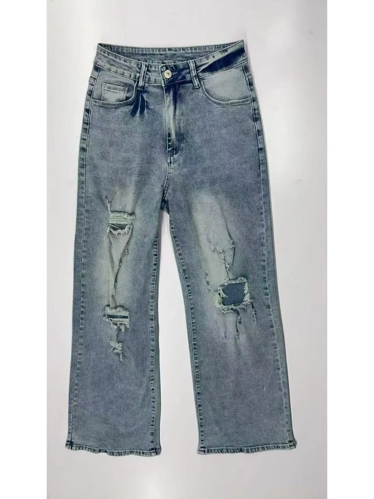 Distressed Wide Leg Denim Jeans with High Rise Relaxed Fit Vintage Streetwear Style