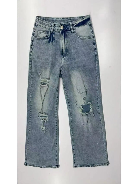 Distressed Wide Leg Denim Jeans with High Rise Relaxed Fit Vintage Streetwear Style