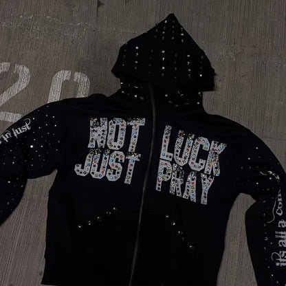 Unisex Rhinestone Graphic Hooded Sweatshirt with Relaxed Fit for Contemporary Streetwear Style