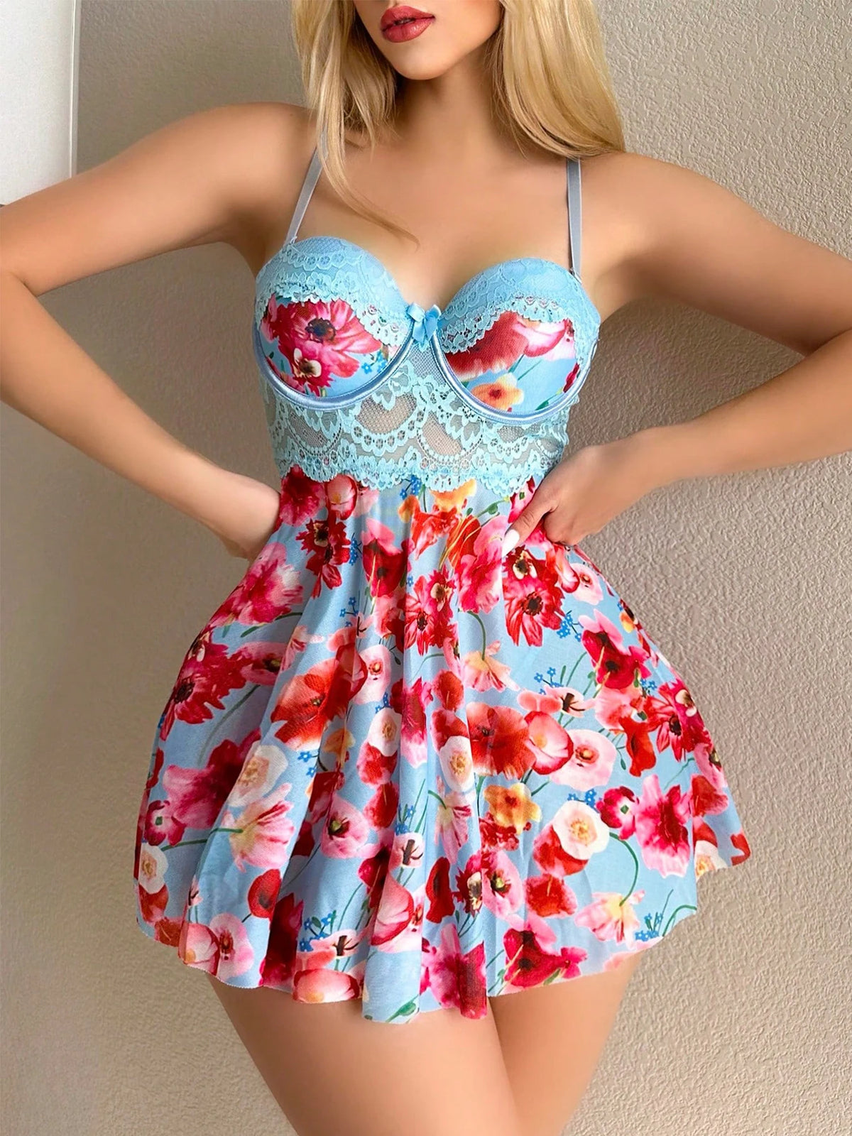Floral Print Underwire Babydoll Nightgown with Lace Bodice and Flared Skirt
