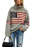 Women's Relaxed Knit Turtleneck Sweater with Vintage Inspired Flag Pattern Casual Winter Knitwear