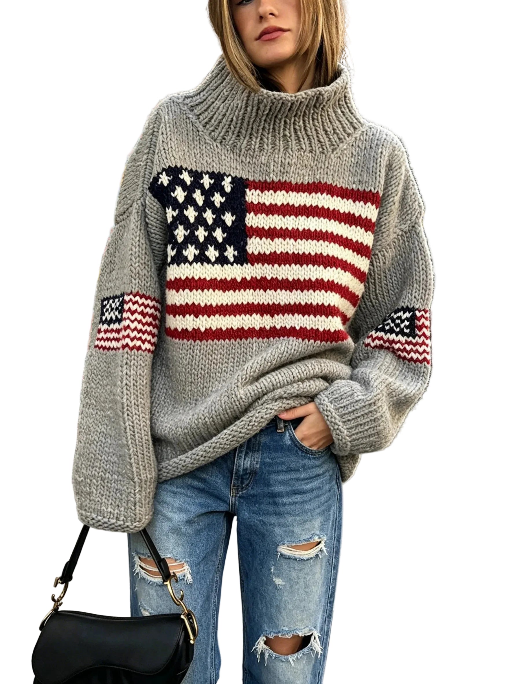 Women's Relaxed Knit Turtleneck Sweater with Vintage Inspired Flag Pattern Casual Winter Knitwear