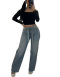 High Waist Wide Leg Denim Jeans with Rhinestone Embellished Relaxed Streetwear Fit