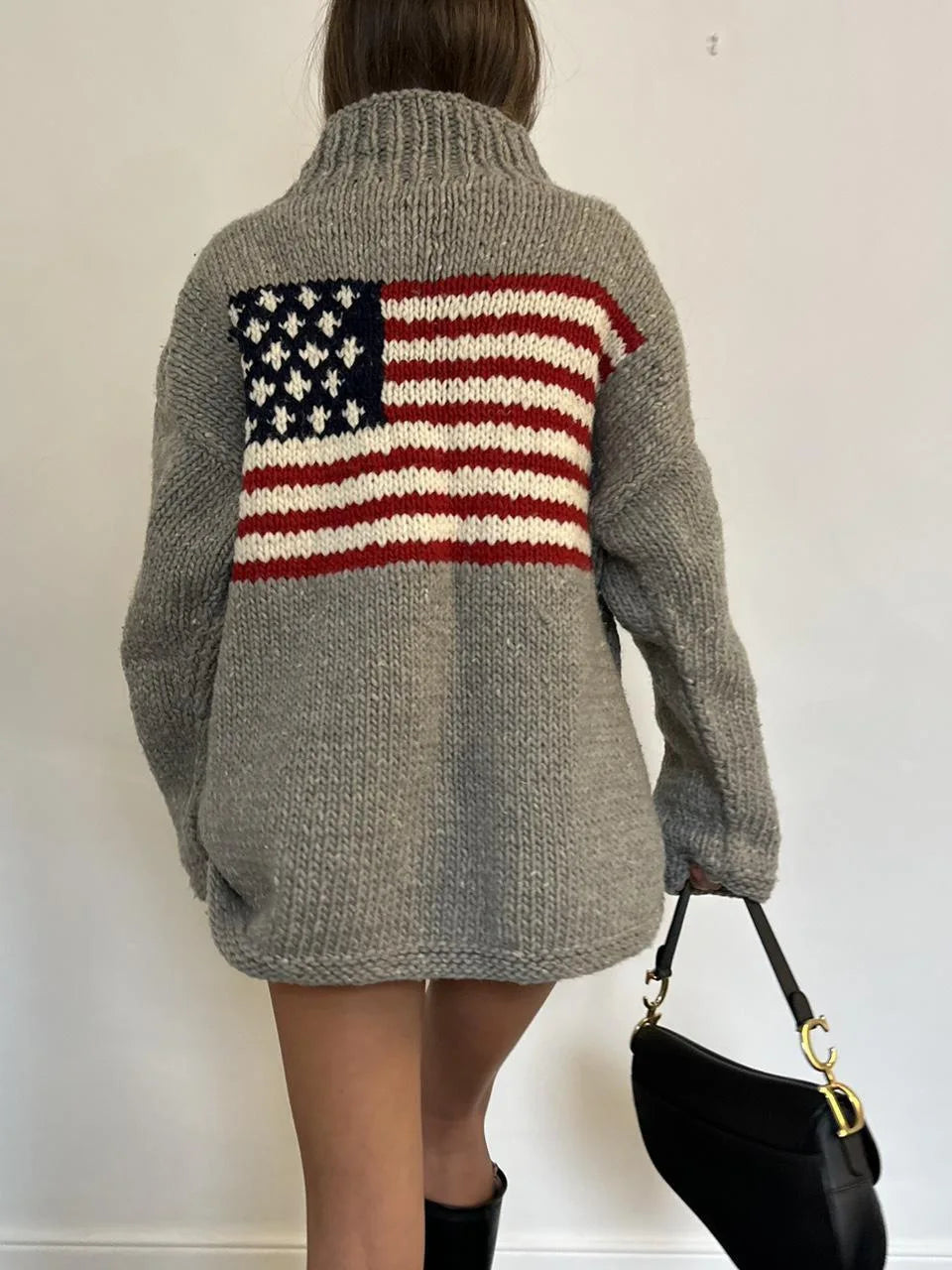 Women's Relaxed Knit Turtleneck Sweater with Vintage Inspired Flag Pattern Casual Winter Knitwear