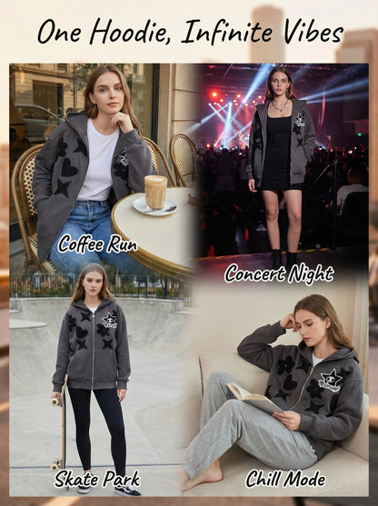 Women's Oversized Zip-Up Hoodie with Embroidered Graphic Streetwear Relaxed Everyday Fit