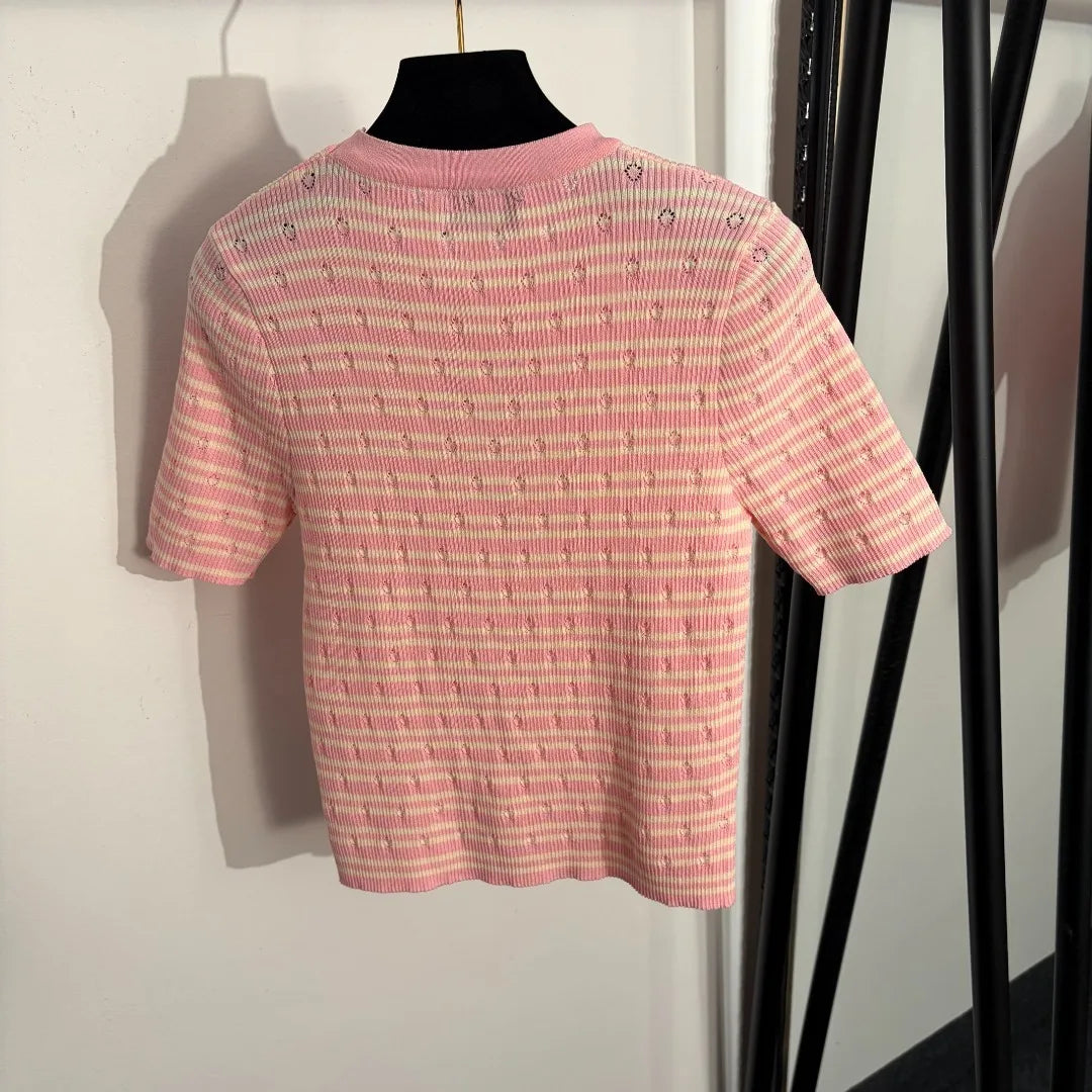 Women's Striped Short Sleeve Mock Neck Contemporary Knit Sweater Top