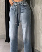 High Waist Wide Leg Denim Jeans with Rhinestone Embellished Relaxed Streetwear Fit