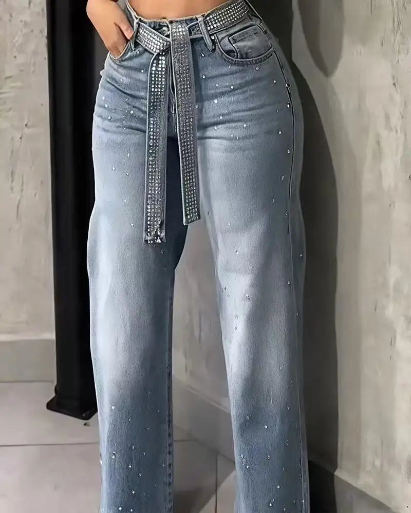 High Waist Wide Leg Denim Jeans with Rhinestone Embellished Relaxed Streetwear Fit