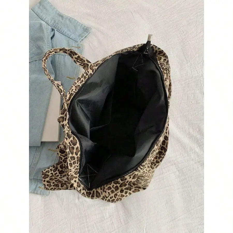 Leopard Print Canvas Tote Shoulder Bag with Minimal Commuter Styling