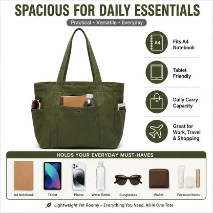 Multi Pocket Canvas Tote Shoulder Bag with Zip Closure Design