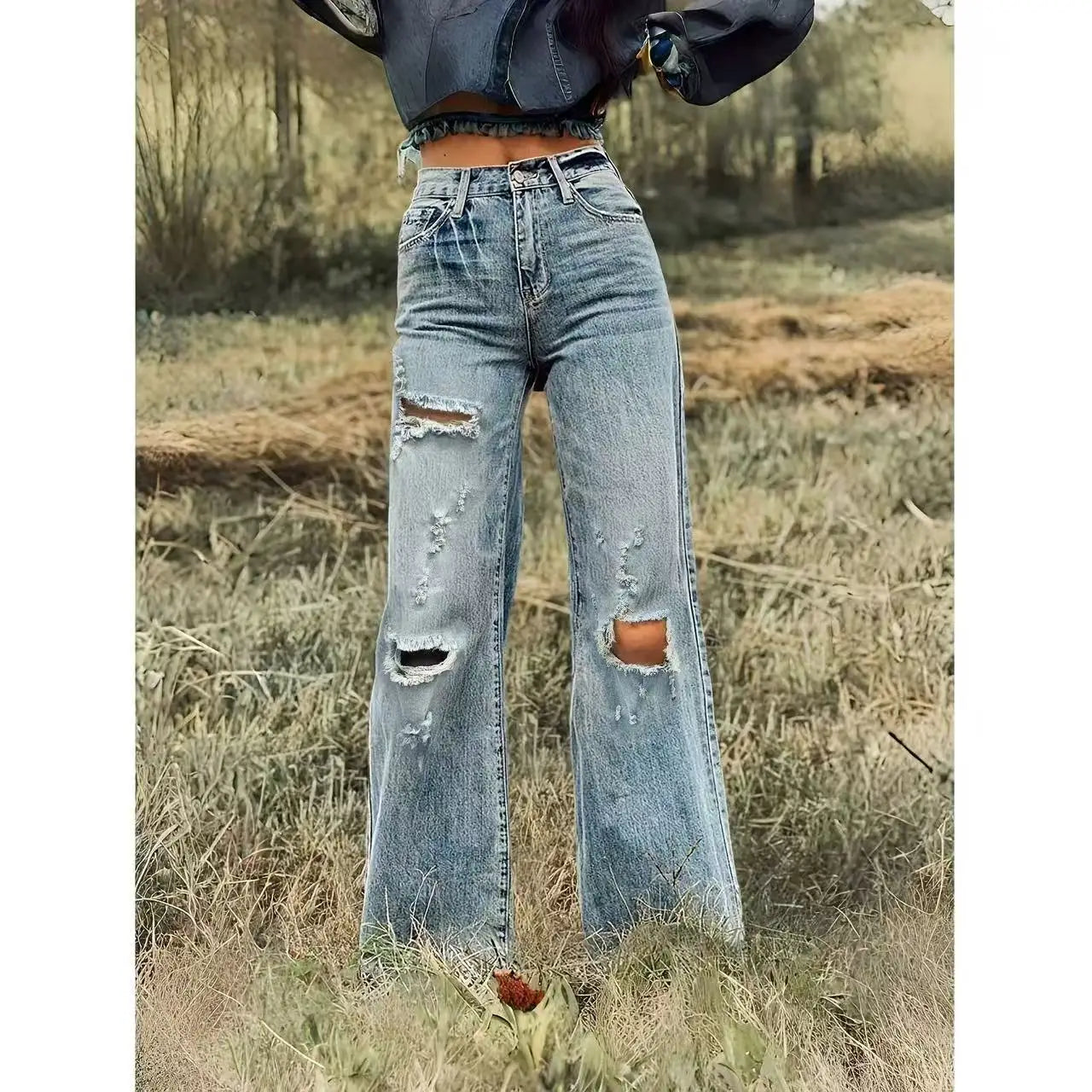Distressed Wide Leg Denim Jeans with High Rise Relaxed Fit Vintage Streetwear Style