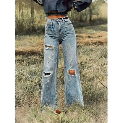 Distressed Wide Leg Denim Jeans with High Rise Relaxed Fit Vintage Streetwear Style