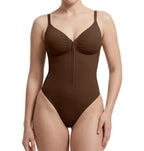 Sleek V-Neck Zip-Up Thong Bodysuit with Delicate Shoulder Straps