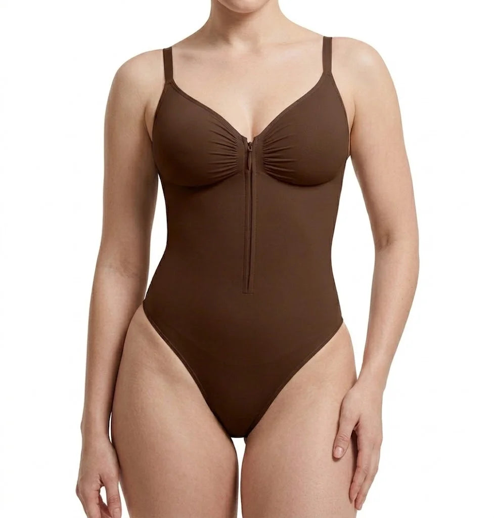 Sleek V-Neck Zip-Up Thong Bodysuit with Delicate Shoulder Straps