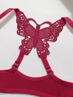 Crimson Red Smooth Underwire Bra Set with Intricate Butterfly Lace Racerback